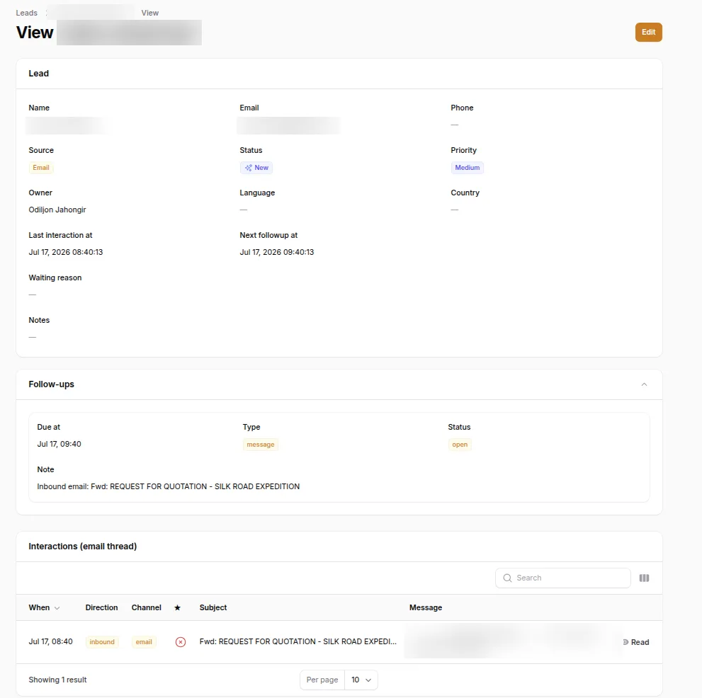 Enquiry detail — requirements, history and follow-up in one record
