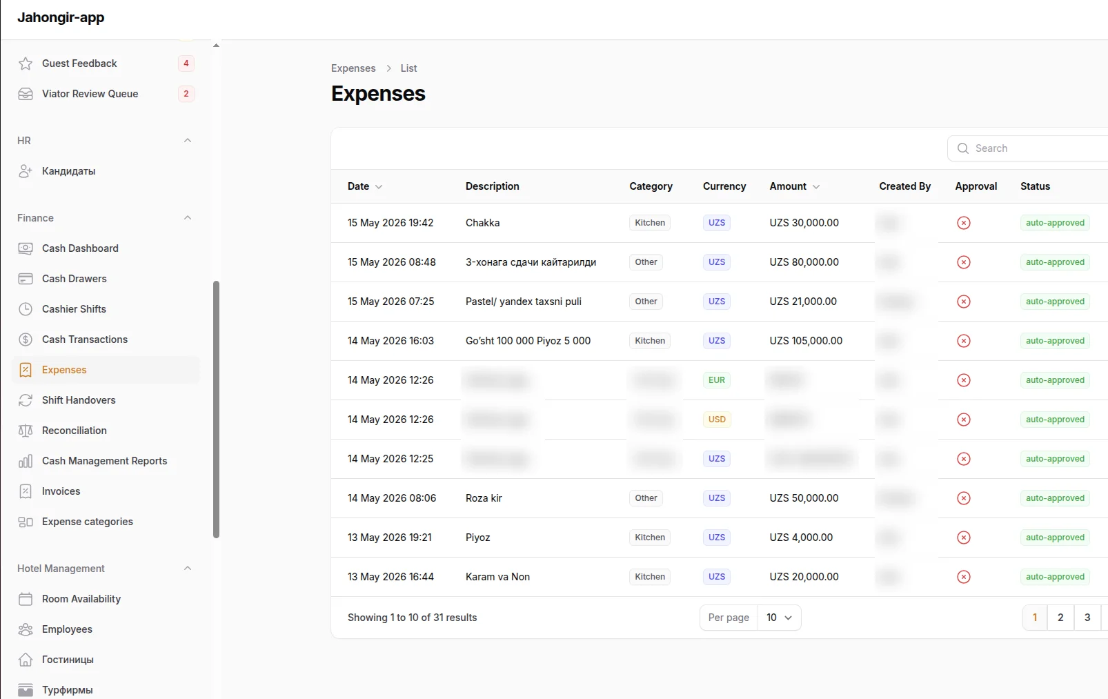Expense tracking — every purchase with category, currency and approval status
