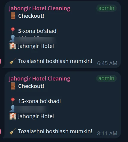 Housekeeping Telegram — a checkout automatically notifies cleaning about the exact room