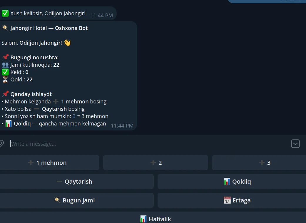Kitchen bot — tomorrow's meal counts reported in Telegram